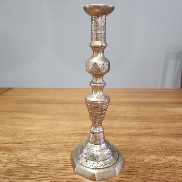 Antique Cast Brass Etched Candlestick Holder - Picture 4 of 11